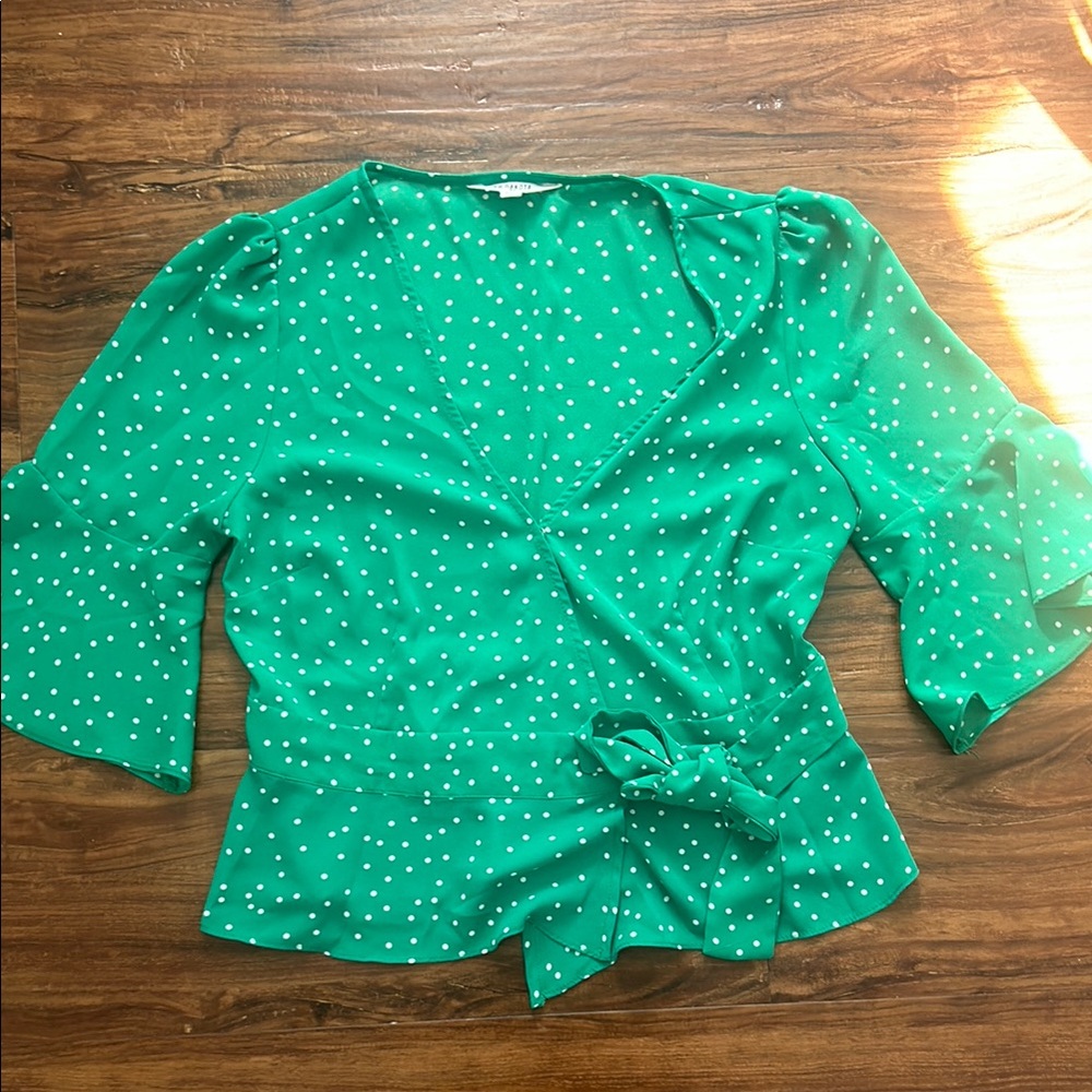 Green Polka Dot Wrap Blouse